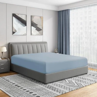 Image of Cathay Home Luxury Wrinkle and Fade Resistant Double Brushed Ultra Soft Microfiber 14 Inch Standard Pocket Single Fitted Sheet, Blue Fog, Twin