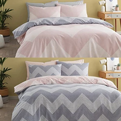Image of Catherine Lansfield Chevron Geo Two Pack Easy Care Single Duvet Sets Pink &amp; Grey