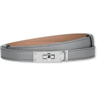 Image of baizhong Women Skinny Leather Belt Classic Solid Color Alloy Turn Lock Ladies Adjustable Slim Thin Waist （Light Grey/Silver）
