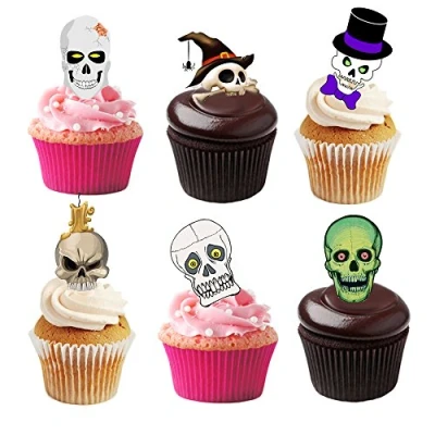 Image of 36 Stand Up Halloween Skull Premium Edible Wafer Paper Cake Toppers Decorations