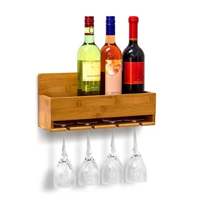 Image of Relaxdays Wine Shelf With Glass Holder: 17 x 37 11.5 cm Bottle Stand Bamboo Space For 4 Bottles &amp; Glasses Wall Mounted Hanging Wooden As Holder, Natural Brown