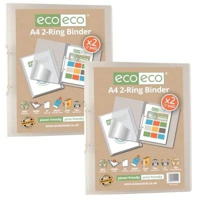 Image of eco A4 95% Recycled Presentation 22mm Spine 2 Ring Binder Clear, Pack of 2, eco112x2