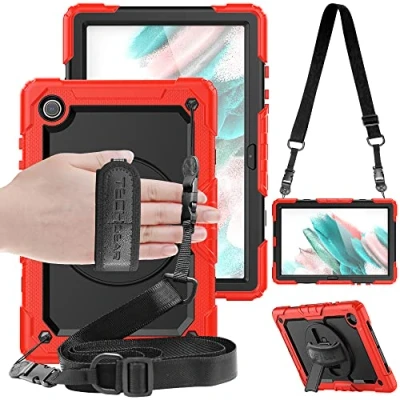 Image of TECHGEAR UTILITY Case fits Samsung Galaxy Tab A8 10.5&quot; (SM X200 / SM X205) Tough Rugged HEAVY DUTY Armour Shockproof Impact with 360 Rotating Stand, Hand Strap and Shoulder Red