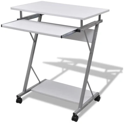Image of vidaXL Compact White Computer Desk for Office/Study Room Particle Board Tabletop, Steel Frame, Sliding Keyboard Tray, Mobile Castors
