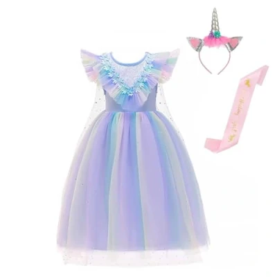 Image of Lito Angels Unicorn Birthday Princess Costume Fancy Dress Up with Cape, Headband and Sash for Little Kids Girls Age 2 3 Years, Blue (Tag Number 100)
