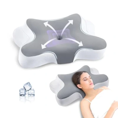 Image of JINXIA Cervical Pillows for Sleeping,Ergonomic Orthopedic Neck Support Pillow,Memory Foam Pillow with Removable Pillowcase Side,Back, Stomach Sleepers, GrayWhite