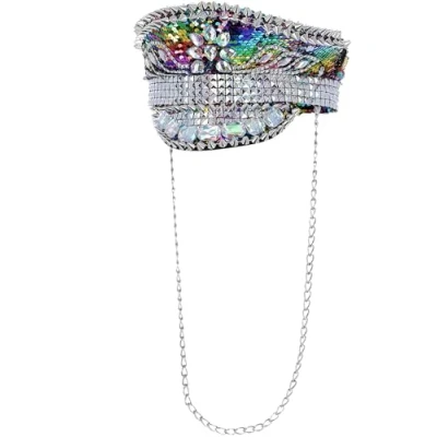 Image of Smiffys Fever Deluxe Sequin Studded Captains Hat, Rainbow with Chain, Accessories Fancy Dress, All Dress Up Hats