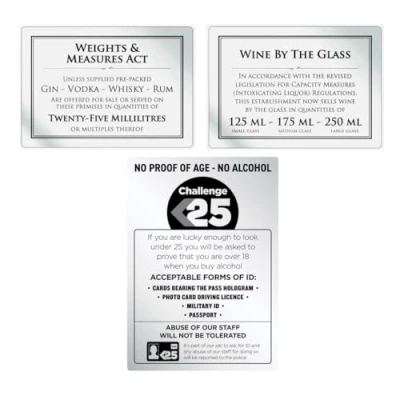 Image of Essential Bar Licensing Sign Pack EMBLPK 5 Pcs 25ml Pub Restaurant Catering Silver