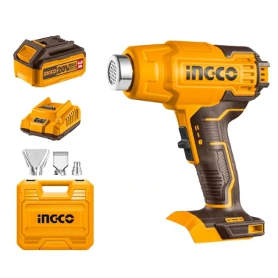 Image of INGCO Cordless Hot Air Gun with 4.0Ah Battery and Charger, Max 1022F(550C) 20V Portable Heat Packed by Plastic Box, 3Pcs Nozzle for Pipe Bending, Shrinking, Paint Stripping HGLI20025