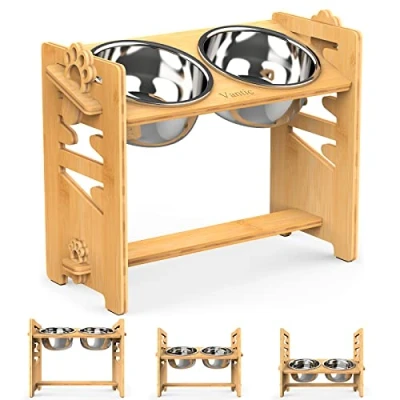 Image of Vantic Elevated Dog Bowls Adjustable on Stands, Raised for Large Dogs, Bamboo Feeding Station with 2 Stainless Steel and Non Slip Feet