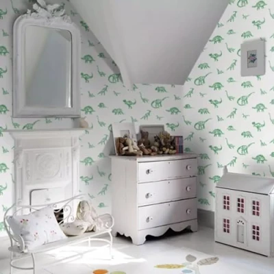 Image of SOPHIE LAURENCE Green and White Dino Dictionary Wallpaper 10.05m Roll, Animal Print, Washable, Wet Removable, Matte Finish Easy Paste The Paper Application
