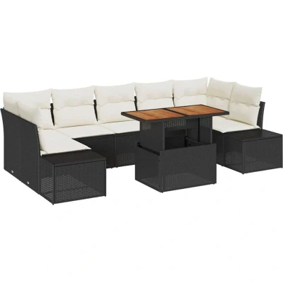 Image of vidaXL 8 Piece Garden Dining Set with Cushions Black Poly Rattan Acacia