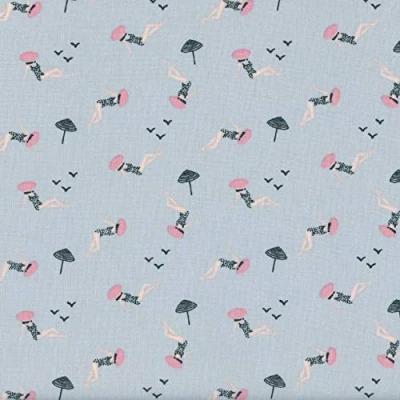 Image of Textiles français AU BORD DE LA MER fabric Pink, Rose Beige &amp; Charcoal on Powder Blue mini design French 100% cotton 140 cm / 55 inches wide Per half metre length increment*