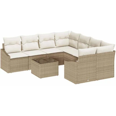 Image of vidaXL 9 Piece Garden Dining Set with Cushions Beige Poly Rattan