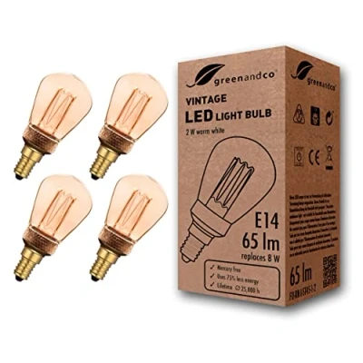 Image of greenandco® E14 ST45 LED Vintage Retro Filament Bulb Edison Style 2W 65lm 1800K 320 230V Glass Bulb, no Flicker, not dimmable, 4 Pack