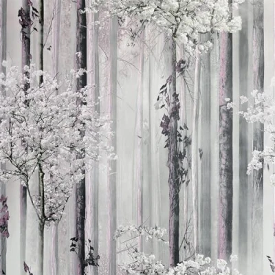 Image of Blossom Enchanted Forest Wallpaper Dusky Pink Grey Tree Scape Naturistic Flowers Leaves Stylish Trendy Feature Wall