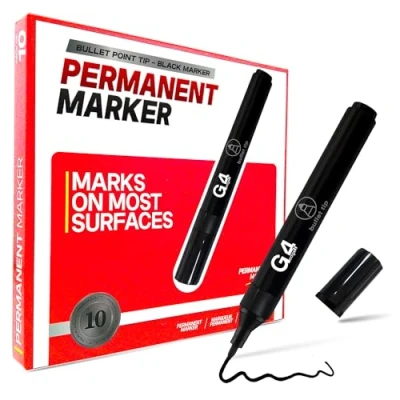 Image of G4GADGET Black Permanent Marker Pack of 10, Bullet Tip, Fine Point, Ideal for Plastic, Wood, Metal, and Glass Durable &amp; Quick Drying Ink