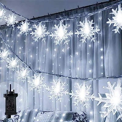 Image of Christmas Snowflake Fairy Lights 100 LED 33Ft Plug in String 8 Modes 10M Wire Mains Powered Waterproof Outdoor for Girls Bedroom Wedding Party Indoor Decoration