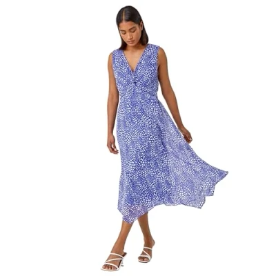 Image of Roman Originals Maxi Dress for Women UK Ladies Twist Knot Front Floral Summer Party Casual Holiday Bohemian Boho Beach Evening Long Floor Length Sleeveless V Neck Blue &amp; Ivory Size 10