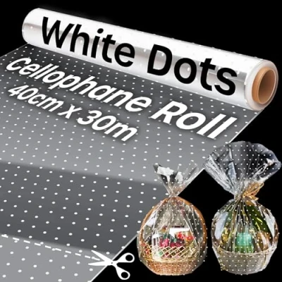 Image of 30m Christmas Cellophane Wrap, Wrap for Hampers, Clear with Polkadot Design Xmas, Roll Gift Baskets and Gifts, (40cm Wide)