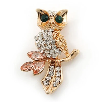 Image of Avalaya Cute Crystal &#039;Owl&#039; Brooch in Gold Plating 40mm Across