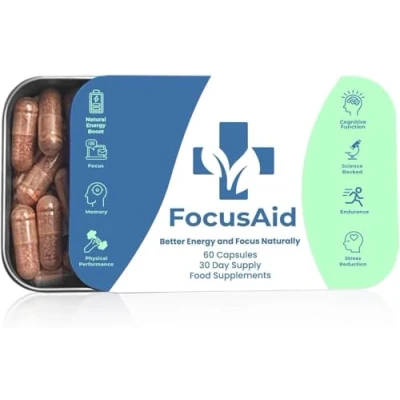 Image of FocusAid Natural Energy Supplement Nootropics Brain for Mental Focus &amp; Cognitive Support, Lions Mane Supplement, Caffeine Tablet, Booster 60 Capsules, Month Supply