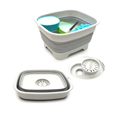 Image of SAMMART 9.1L Collapsible Dishpan with Draining Plug Foldable Washing Basin Portable Dish Tub Space Saving Kitchen Storage Tray (Grey)