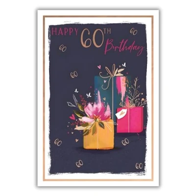 Image of Female 60th Birthday Card for Her Age 60 Contemporary Floral Design Special Finishes and Illustrated Insert Leaf Made in the UK Eco Friendly