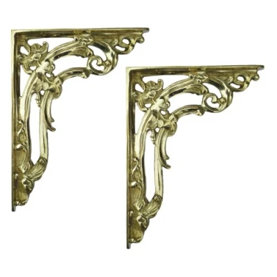 Image of Castelion® Pair of Small Brass Victorian Scroll Leaf Shelf Bracket High Quality Home Accessories Hardware Ornate Decor Shelving Brackets and Supports 15cm x 20cm