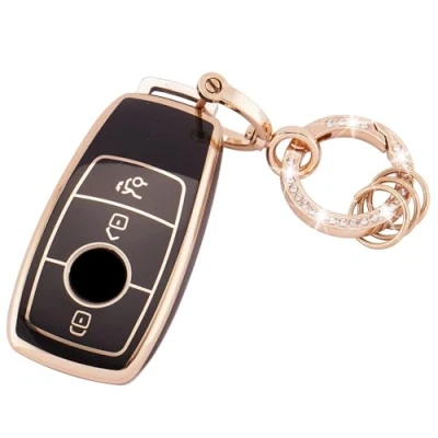 Image of Koaudb for Mercedes Benz Key Cover 3 Buttons Fit A B C E G S SL CLS Class SLC CLA GLB GLC GLE GLS AMG with Bling Keychain TPU Car Smart Case Shell Black Gold (R Bz 3L B)