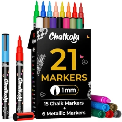 Image of Chalkola Extra Fine Tip Chalk Markers for Blackboard &amp; Glass (Pack of 21, 1mm Point) Window Markers, Liquid Pens Dry Erase Board, Car, Acrylic Calendar Thin Chalkboard Erasable