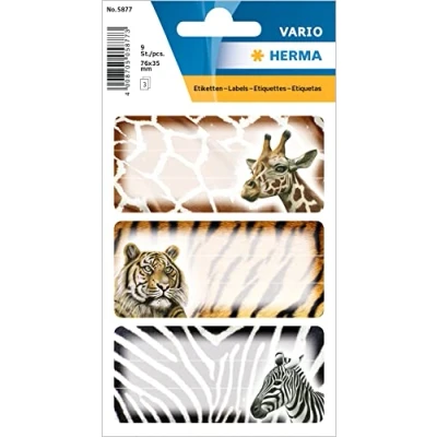 Image of HERMA 5877 African Animals Book Labels, 9 Pieces, 76 x 35 mm, Self Adhesive Lined Stickers for School, Kids, Girls, Boys, Multicolor Labels Stickers, Colorful