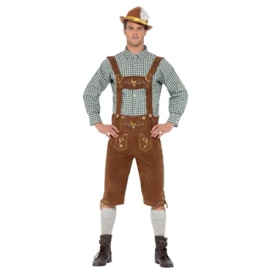 Image of Smiffys Deluxe Traditional Hans Bavarian Costume, Green with Lederhosen &amp; Shirt, Oktoberfest Fancy Dress, Halloween Dress Up Costumes