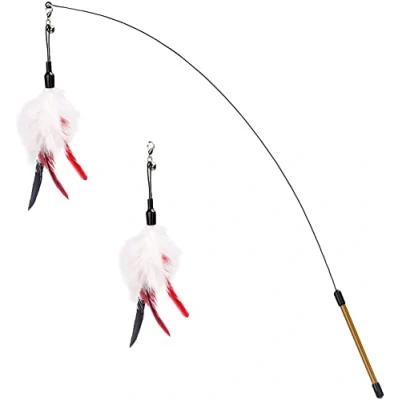 Image of Pawaboo Feather Teaser Cat Toy, Interactive Wand Toy Flying Catcher with Extra Long 34.5&quot; and Small Bell, Exerciser Playing for kitten or cat, Wine Red &amp; White