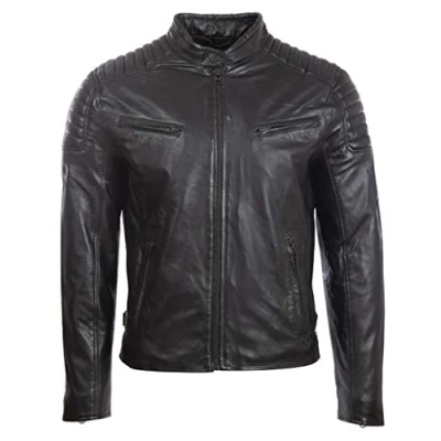 Image of Aviatrix Men&#039;s Real Leather Fashion Biker Jacket with Padded Shoulder Detailing (T86N) L Black