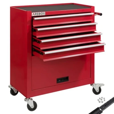 Image of Arebos Tool cabinet cart workshop trolley on wheels portable Red 4 drawers + 1 compartment for tools incl. anti slip mats with ball bearings