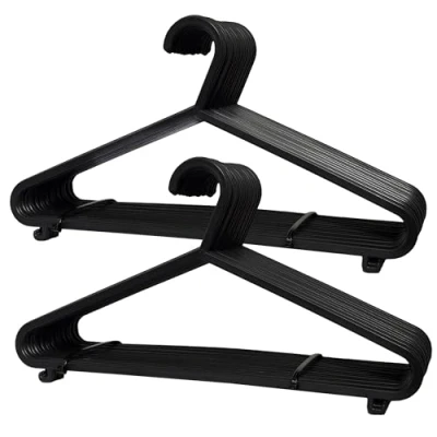 Image of 50x Adult Coat Hangers for Clothes Black Plastic with Trouser Bar and Lips (37cm Wide)