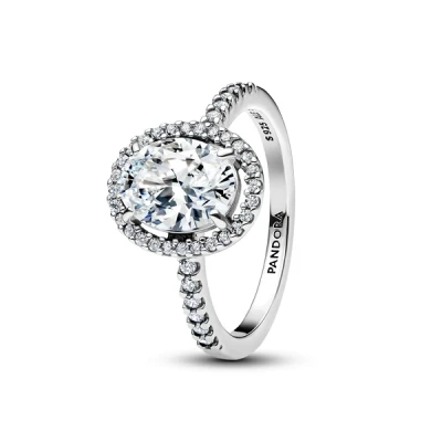 Image of Pandora Silver Oval Sparkling Halo Statement Ring 56
