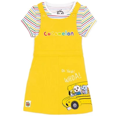 Image of CoComelon Pinafore Dress for Children Toddlers Girls Yellow Dungaree with Striped T Shirt JJ Ello Pepe Boba Kiki Animal Characters Nursery Rhymes Songs