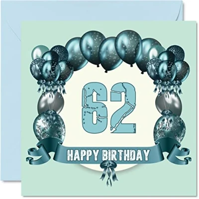 Image of Fun 62nd Birthday Cards for Men Balloons Happy Card Dad Auntie Uncle Nanny Cousin Grandad Gran Mum Grandma, 145mm x Greeting Cards,