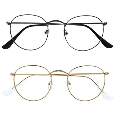 Image of OPULIZE Sol Reading Glasses with Blue Light Blocking 2 Pack Round Metal Retro Improve Sleep Reduce Headache Computer Gaming Anti Reflective Matt Gunmetal Gold Mens Womens BB94 79 +3.50