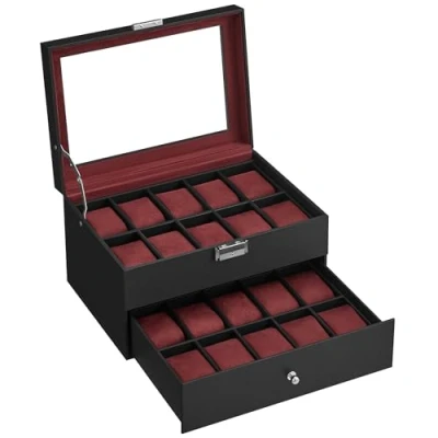 Image of SONGMICS Watch Box, Case with Glass Lid, 2 Tier Display Case, Lockable, 1 Drawer, for Rings, Bracelets, Gift Idea, Black Synthetic Leather, Wine Red Lining JWB020R01