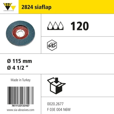 Image of sia Abrasives 0020.2677 siaflap 2824 siamet x Standard Fibre Glass Backed Flap Disc, Angled, 120 Grit, 115mm 22mm, Pack of 10