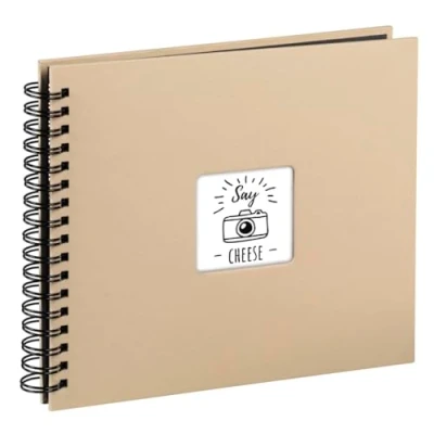 Image of Hama Fine Art photo album, 50 black pages (25 sheets), spiral bound album 36 x 32 cm, with cut out window in which a picture can be inserted, taupe/beige