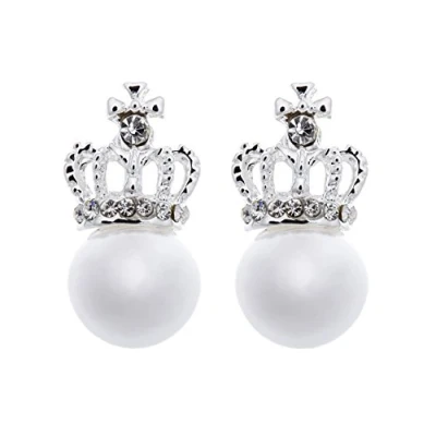 Image of Clip On Earrings Silver Plated Crown With A Pearl And Crystals Honor