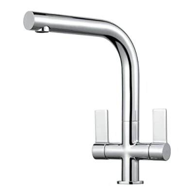 Image of Dual Lever Kitchen Sink Mixer Tap with L Shape Rectangle 360 Swivel Spout 1 Hole Monobloc Faucet Polished Chrome 10 Year Warranty
