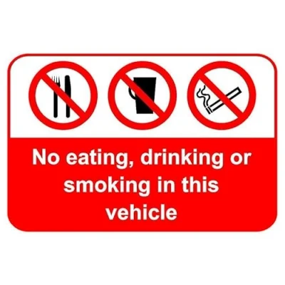 Image of No eating, drinking or smoking in this vehicle prohibition sign Self adhesive sticker (200mm x 150mm)