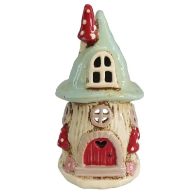 Image of Shudehill Giftware Village Pottery Tealight Holder Ceramic House Toadstool and Mushroom Collection Blue, Beige or Red (Aqua)