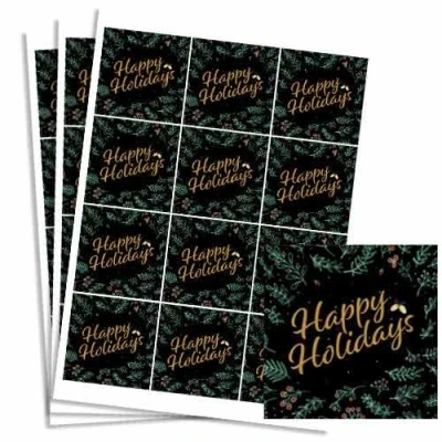Image of Christmas Happy Holidays Black Square Stickers 65mm Sheet of 12