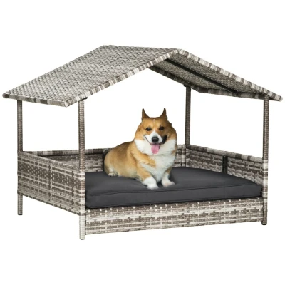 Image of PawHut Wicker Dog Bed, Elevated Rattan House with Removable Cushion and Canopy, for Small Medium Dogs, 98 x 69 70cm Dark Grey